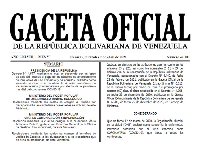 Decreto N° 4.577, mediante el cual se suspende por un lapso de seis (06) meses el pago de los cánones de arrendamiento de inmuebles de uso comercial y de aquellos utilizados como vivienda principal...